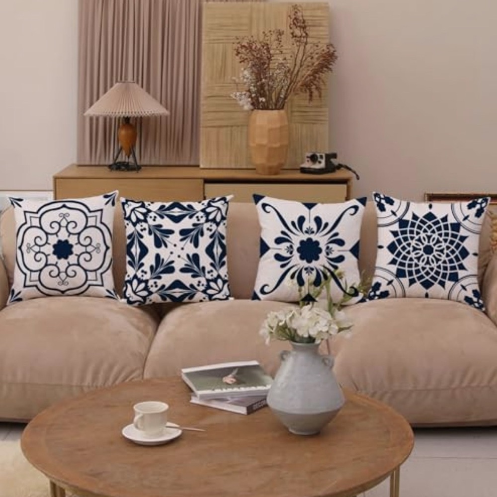 Geometric Navy Blue Flower Decorative Throw Pillow Covers 20x20”, Set of 4 - Picture 2 of 6